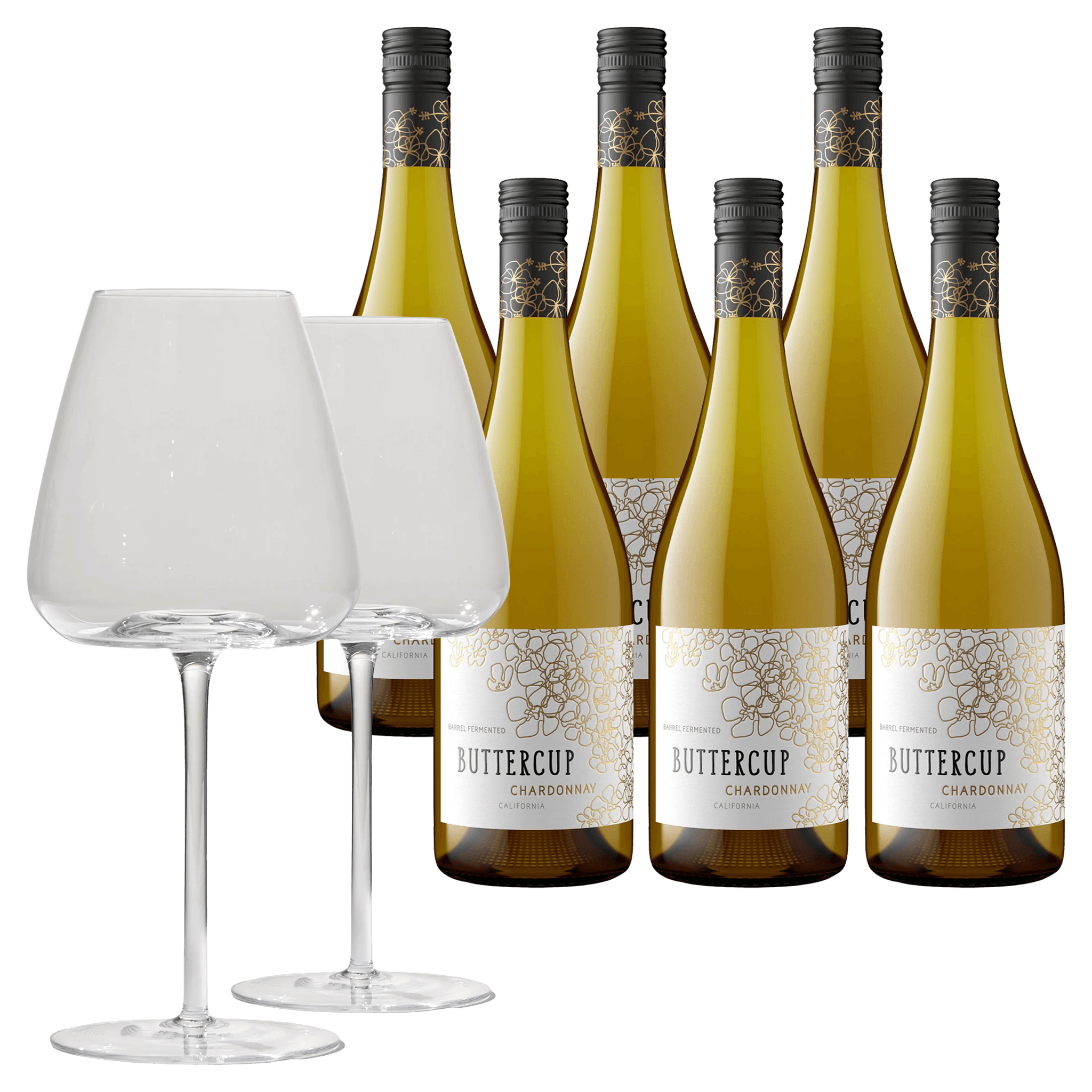 6 fl. Buttercup 2024 + 2 stk. Brilliant Blanco Glas