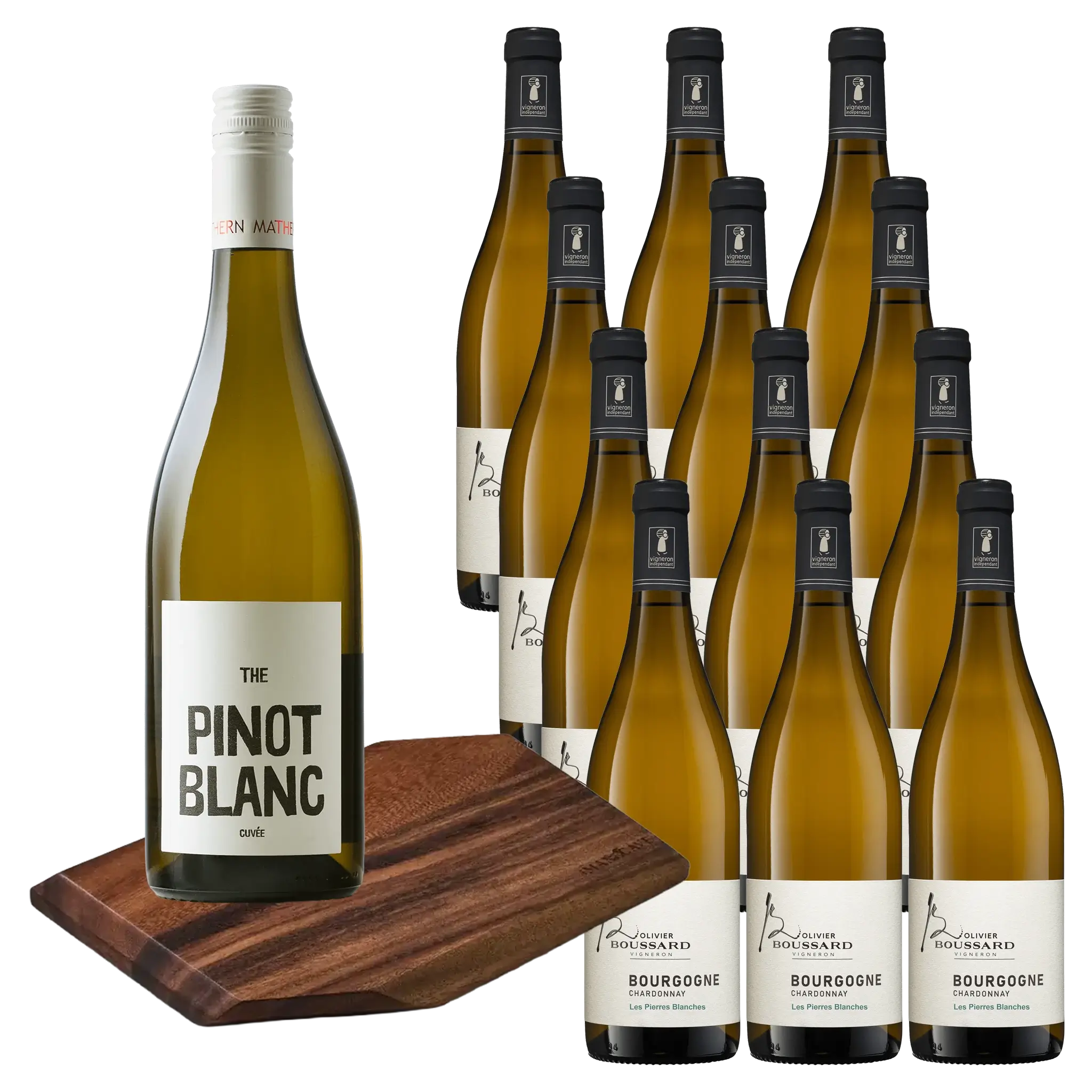 12 fl. Bourgogne Les Pierres Blanches + GRATIS Pinot Blanc + GRATIS Valnødsbræt