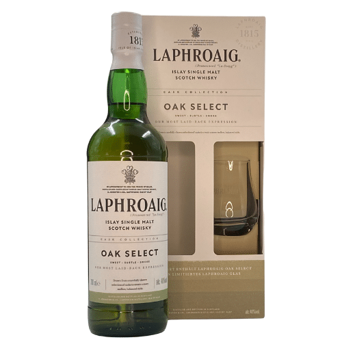 Laphroaig Oak Select whisky, gaveæske m/glas