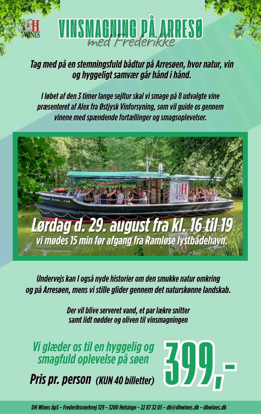 Vinsmagning på Arresø med Frederikke 29.August kl. 16-19 2026