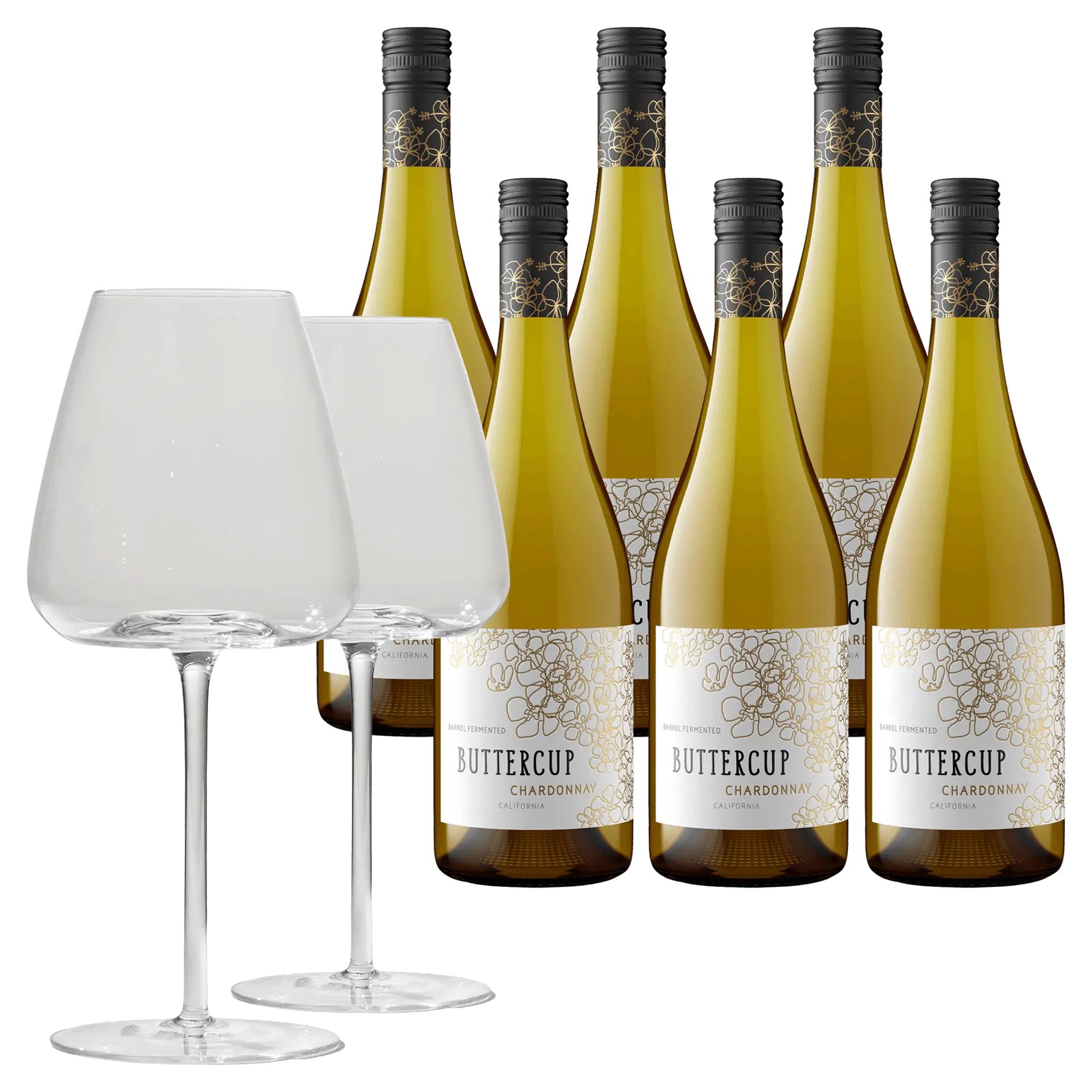 6 fl. Buttercup 2024 + 2 stk. Brilliant Blanco Glas